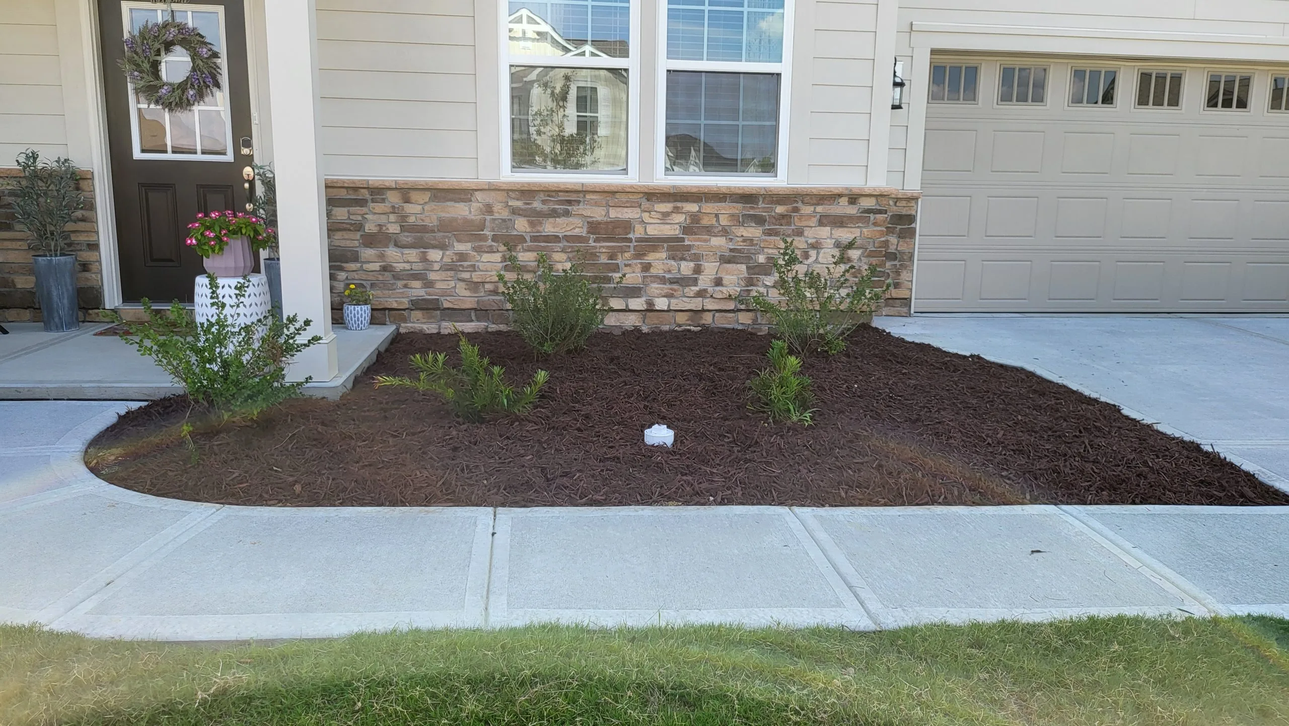 Beautifully landscaped garden with lush greenery and freshly laid mulch.