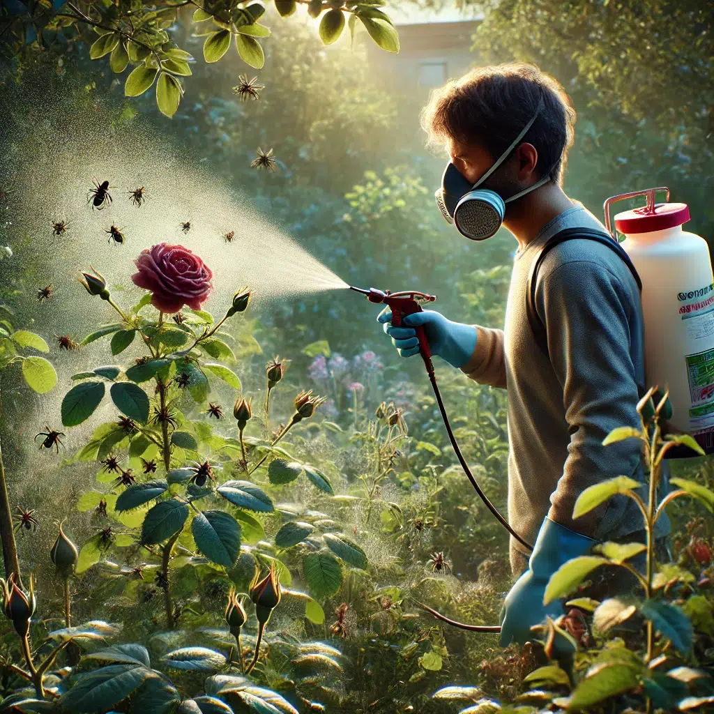 DALL·E 2024 08 25 01.33.33 A realistic image of a gardener applying pest control measures in a garden setting. The gardener is using a handheld sprayer to apply an organic insec