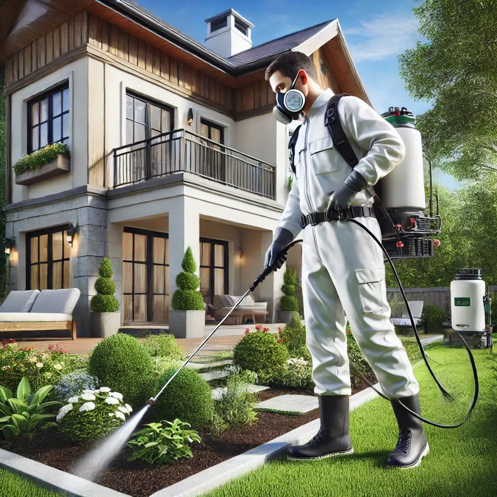 DALL·E 2024 08 25 01.34.23 A highly realistic image of a professional pest control technician conducting outdoor pest control at a modern residential home. The technician weari
