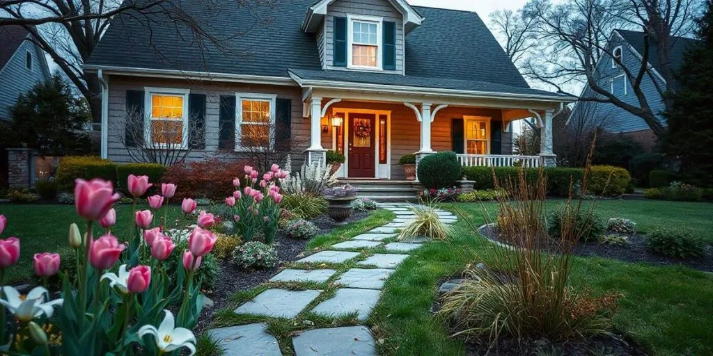 A vibrant front yard with colorful flowers, shrubs & stepping stones leading to a porch.