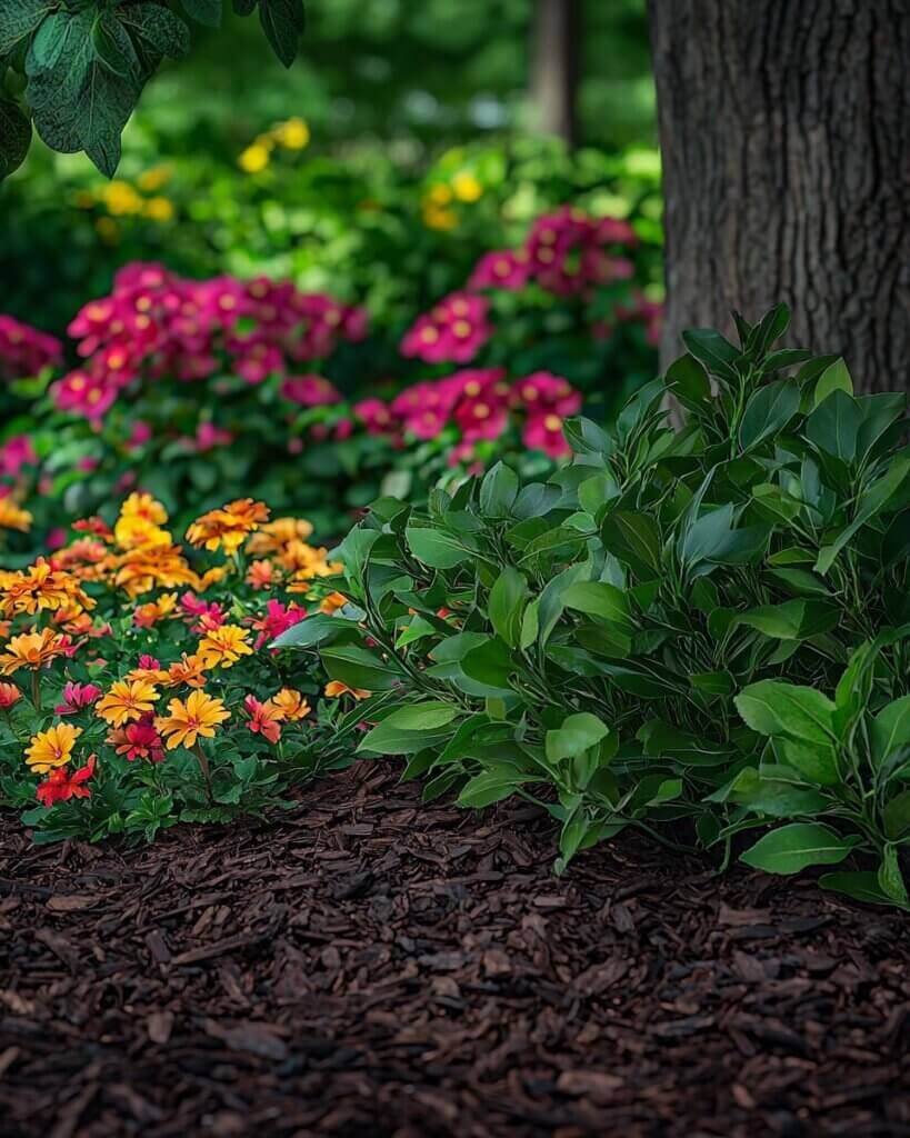 A lush garden showcasing alternatives for mulch, including straw, leaves, and wood chips.